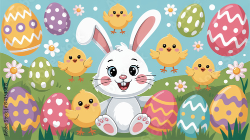 Happy easter bunny with chicks and decorated eggs in a field of flowers on a sunny day with a blue sky