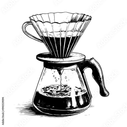Hand-drawn illustration of pour-over coffee brewing equipment, a classic coffee shop item, perfect for fresh morning rituals – adobe stock