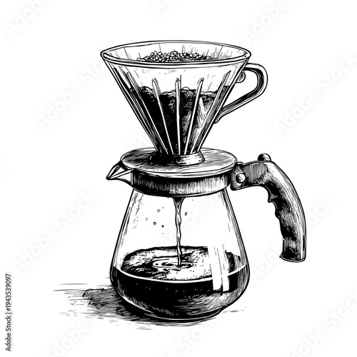 Hand drawing of coffee dripper and carafe, brewed coffee dripping, excellent for cafe and barista needs - Adobe Stock