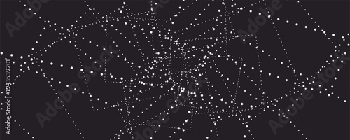 Abstract geometric background with white glowing dots rotating square outlines spiraling into central vortex on dark background