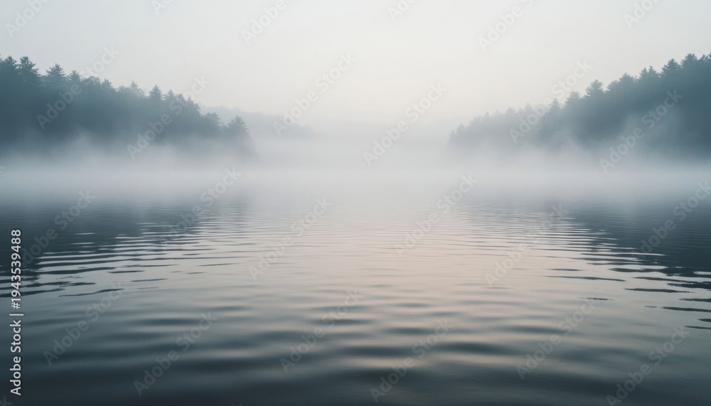 Fototapeta premium Misty Lake Morning Landscape with Foggy Forest and Calm Water Reflections - Serene Nature Background