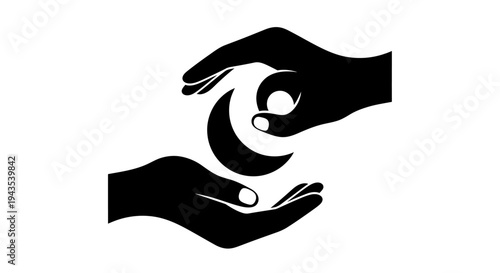 Hands Holding Crescent Moon Symbol.