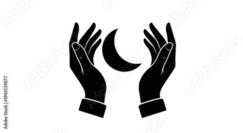 Hands Reaching for Crescent Moon Symbol.