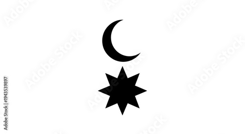 Crescent moon and star symbol.