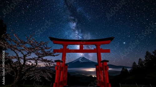 Dramatic mountain landscape with traditional gate and cherry blossoms at sunset