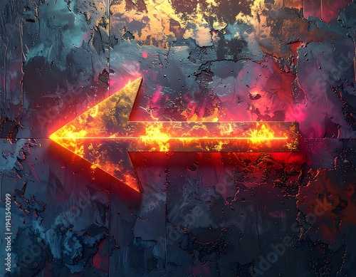 A fiery arrow, glowing intensely, is affixed to a textured, dark wall. The background has hints of blue and orange