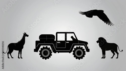 Minimalist African Safari Vector Set, Wildlife Animal Silhouettes, 4x4 Jeep and Soaring Bird Illustration
