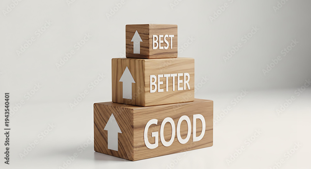 Fototapeta premium Wooden blocks stacked in ascending order with words good, better, best and upward arrows