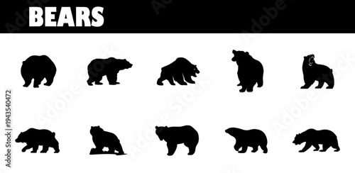 Black silhouettes icon of bears in diverse poses. wild animal.