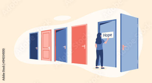 Illustration of a woman placing a 'Hope' sign on an open blue door among several closed doors, symbolizing future opportunities, life choices, new beginnings, and positive decisions.