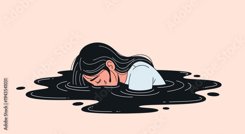 Vector illustration of a distressed young woman with long dark hair, crying tears, head and shoulders submerged in a swirling pool of black tar-like liquid on a pink background.