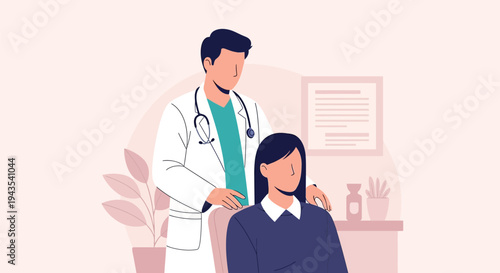 Vector illustration of a male doctor or therapist providing support and guidance to a seated female patient during a professional medical office or therapy session.