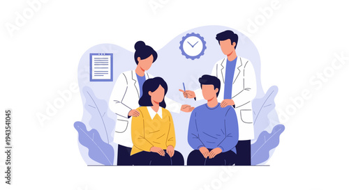 Two medical professionals, a male and female doctor, provide guidance and explain documentation to a male and female patient during a healthcare consultation with supportive gestures.
