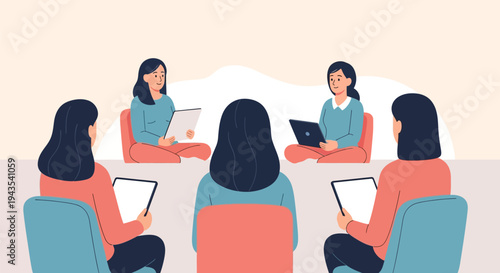 Illustrative vector art of five diverse women participating in a modern professional meeting or educational session, seated with digital tablets and laptops in a collaborative group setting.