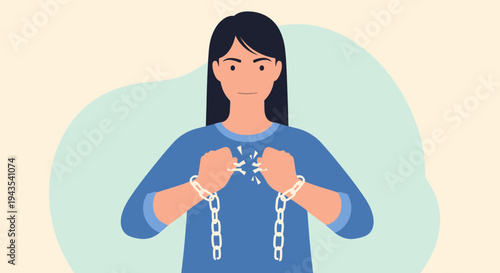 A determined woman in a blue shirt breaking symbolic white chains around her wrists, representing freedom, liberation, and overcoming personal or societal constraints.