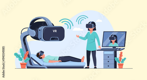 Patient receives virtual reality therapy session, guided by a medical professional using advanced VR headset technology and a digital health monitoring system for modern rehabilitation.