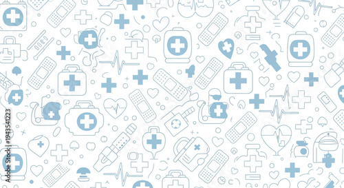 Seamless light blue medical and healthcare line art pattern on white background, featuring first aid kits, bandages, heartbeats, crosses, thermometers, and medical supplies.