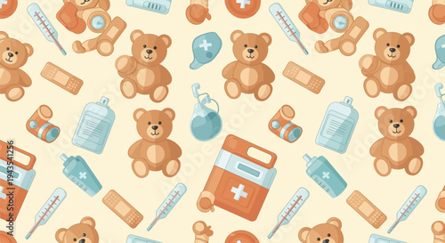Seamless pattern with pediatric medical supplies, featuring cute teddy bears, thermometers, band-aids, medicine bottles, first aid kits, and child health equipment on a light background.