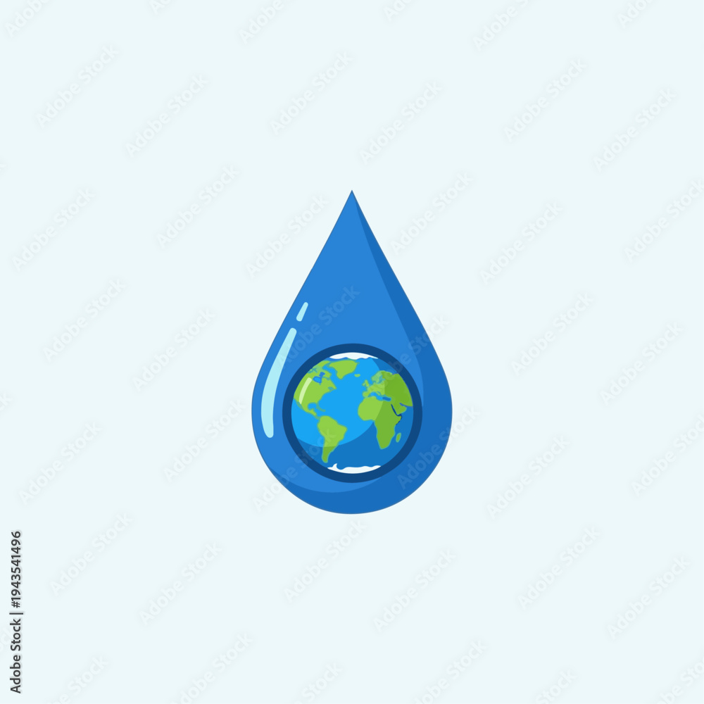 Obraz premium Flat vector style illustration of a blue water droplet with a small Earth inside, clean minimal shapes, white background, environmental awareness poster.
