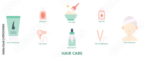 Hair care Flat Icons Vector - Shampoo, Hair Conditioner, Hair Serum, Hair Oil, Treatment, Hair Dryer, Dye, Straightener