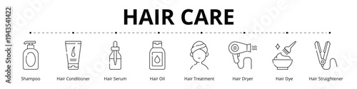 Hair care Line Icons Vector - Shampoo, Hair Conditioner, Hair Serum, Hair Oil, Treatment, Hair Dryer, Dye, Straightener