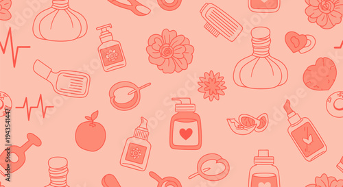 Seamless coral vector pattern with outline wellness, spa, and beauty icons including herbal compress, lotion bottles, flowers, fruits, and health symbols on a peach background.