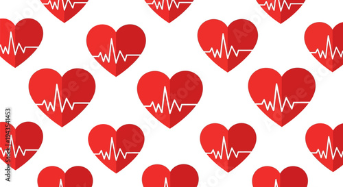 Vector seamless pattern featuring stylized red hearts with a white electrocardiogram (ECG) pulse wave on a white background, symbolizing health and medical care.