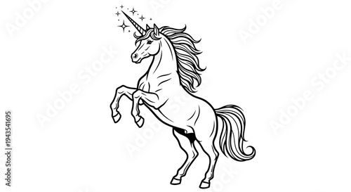 Black and White Unicorn Illustration Rearing Up.