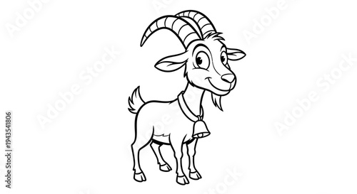 Cartoon Goat with Curved Horns Standing.