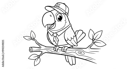 Cartoon Parrot Wearing Baseball Cap on Branch.
