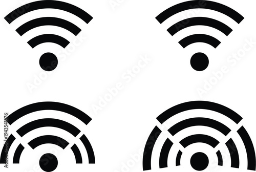 Four variations of black stylized Wi-Fi signal strength icons demonstrating connectivity levels on a plain white backdrop.