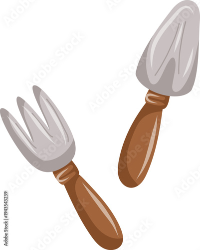 Garden hand tools vector set with trowel and fork for gardening hobby.