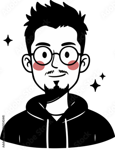 Minimalist cartoon illustration of a bearded man wearing round spectacles and hoodie