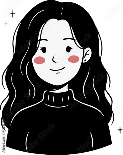 Cute cartoon girl with rosy cheeks and a smile on black background