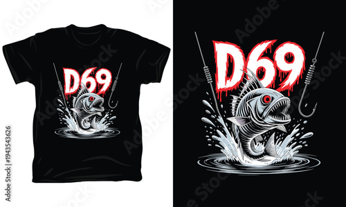 D69 fishing illustration with fish jumping out of water with red eyes fishing hook