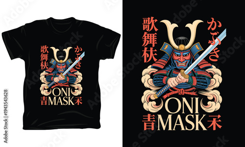 Oni mask samurai warrior graphic with vector illustration for japanese themed t-shirt