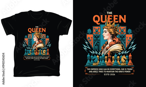 Queen chess piece portrait artwork with vector illustration for majestic t-shirt design