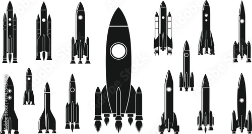 Rocket ship icons set, space launch vehicle silhouettes, futuristic spacecraft collection, startup technology symbols, exploration transport vector illustration