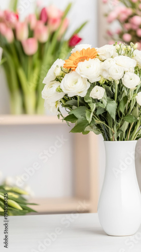 Fresh spring floral arrangement in a colorful ceramic vase for home decor