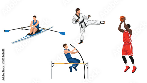 Diverse Sports Athletes Illustration Set: Rowing, Martial Arts, Pole Vault, Basketball Player in Action