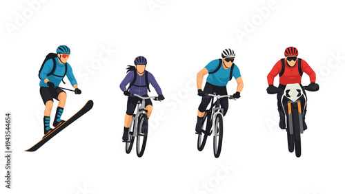 Flat Vector Illustrations of Outdoor Adventure Sports: Skiing, Mountain Biking, and Motocross Riders in Action