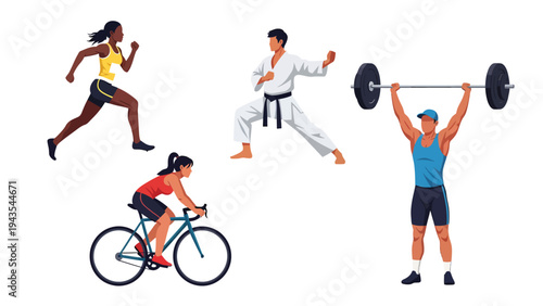 Diverse Athletes Exercising: Running, Martial Arts, Cycling, Weightlifting. Fitness & Healthy Lifestyle Vector Set.
