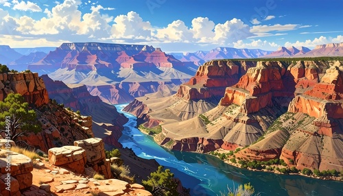 A sweeping, panoramic vista showcasing a deep canyon carved by a river under a vibrant blue sky with fluffy clouds
