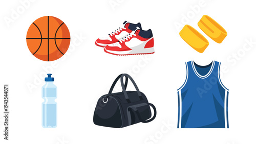 Basketball Sports Equipment Flat Design Vector Illustration Set