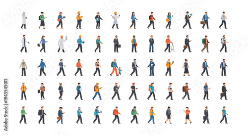 Diverse group of walking people icons.