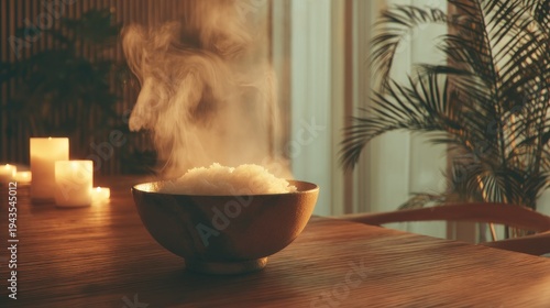 Steaming Bowl of Rice Surrounded by Candles and Plants in a Cozy Dining Environment with Soft Natural Light and Warm Tones