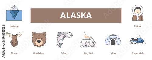 Alaska Lineal Color Icons Vector - Iceberg, Moose, Grizzly Bear, Dog Sled, Igloo, Snowmobile, Eskimo 