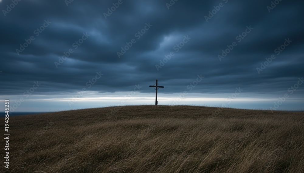 Obraz premium Cross, Easter, Calvary, Crucifixion, Christianity, Resurrection, Good Friday. Dramatic wooden cross on a grassy hill under dark stormy sky symbolizing religious sacrifice and hope.