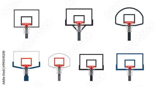 Basketball Hoops & Backboards Vector Set. Diverse Styles of Sports Goals & Equipment. Flat Icons for Games & Athletics.