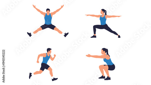 Fitness Workout Poses Set: Jumping Jack, Squat, Running, and Lunge Illustrations for Active Lifestyle